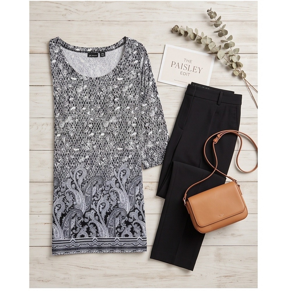 Jones New York JNY 1X Top Paisley Floral Black White Tunic 3/4 Sleeve NWT - Picture 10 of 10